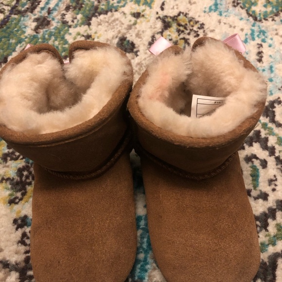 UGG Kids Brown Boots with Pink Ribbon - Picture 2 of 5
